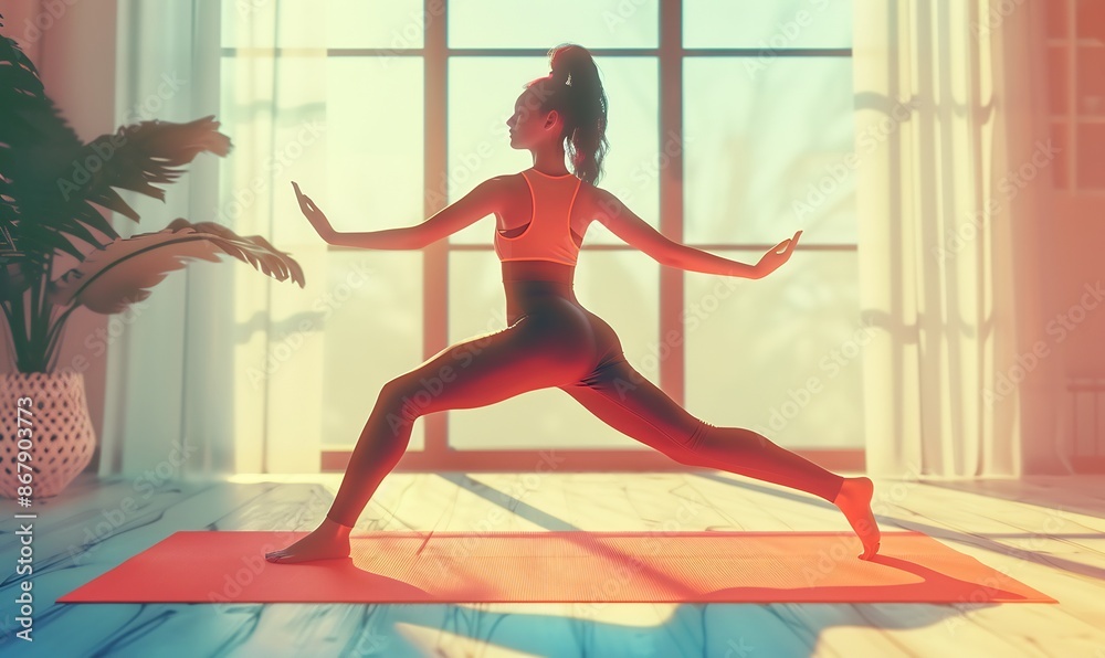 Fototapeta premium Woman practicing yoga pose on red mat at home.