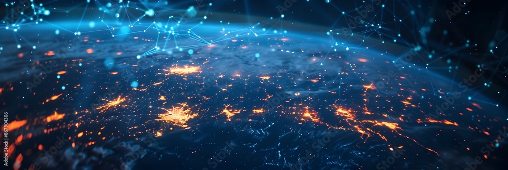 Obraz premium Global network connection abstract blue background with stars World map abstract technology background global business innovation concept
