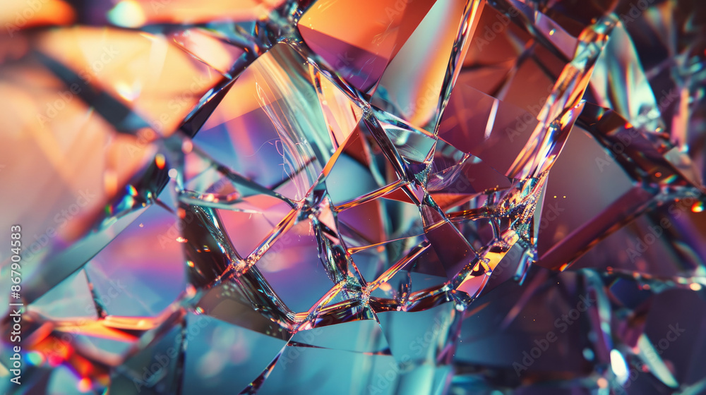 Intricately fractured glass shards reflecting vibrant hues of orange, blue, and purple. The interplay of light and color creates a prismatic effect. Intricately fractured glass shards reflecting vibrant hues of orange, blue, and purple. The interplay of light and color creates a prismatic effect.