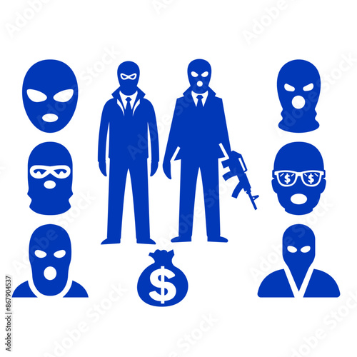 Icons Set. Blue Robbery Icons: Masked Figures and Heist Symbols. Vector Gang Illustration.