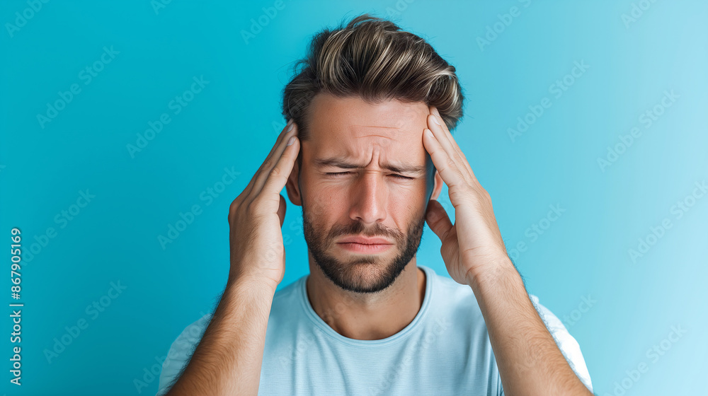 A distressed man presses his temples, eyes closed, conveying the pain of a headache, accentuated by a plain blue backdrop - Generative AI A distressed man presses his temples, eyes closed, conveying the pain of a headache, accentuated by a plain blue backdrop - Generative AI