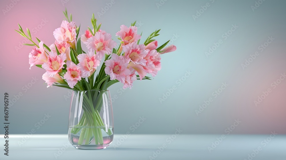 A simple arrangement of a single gladiolus in a clear glass vase on a plain surface. List of Art Media Minimalist realistic A simple arrangement of a single gladiolus in a clear glass vase on a plain surface. List of Art Media Minimalist realistic