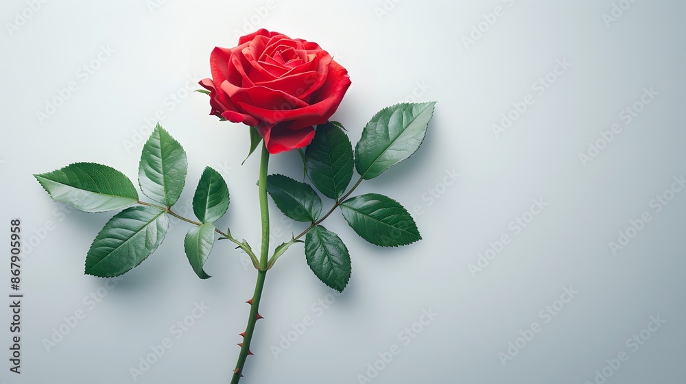 A single red rose with minimal leaves on a clean, white surface. List of Art Media Minimalist realistic A single red rose with minimal leaves on a clean, white surface. List of Art Media Minimalist realistic