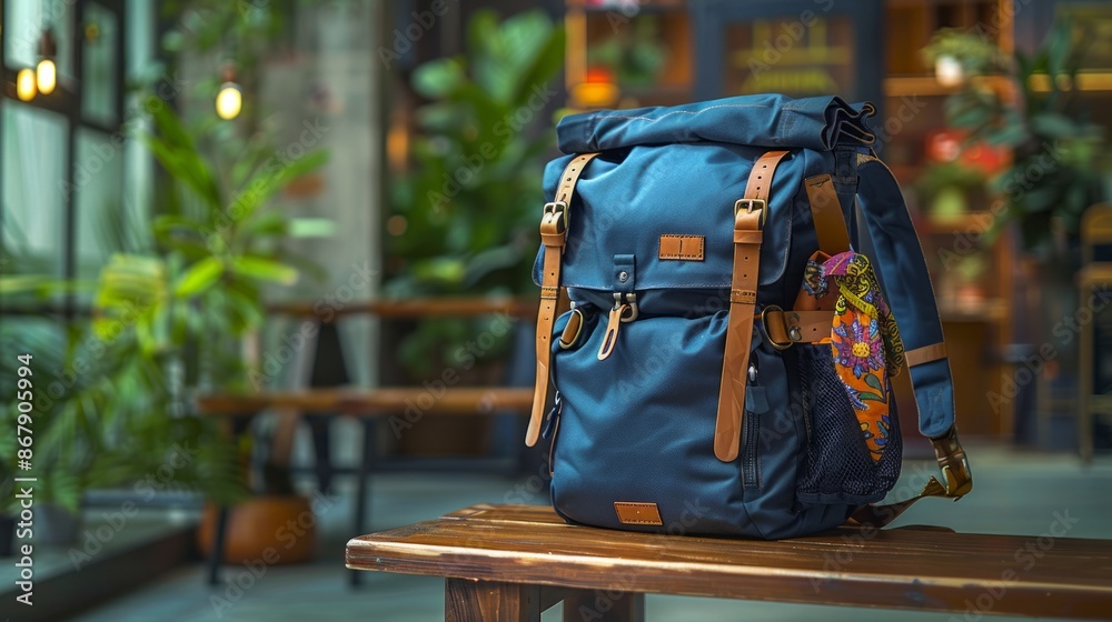 Obraz premium Stylish Blue Backpack in Cozy Indoor Cafe Setting with Plants