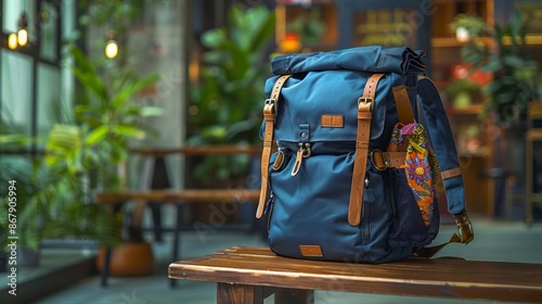 Stylish Blue Backpack in Cozy Indoor Cafe Setting with Plants