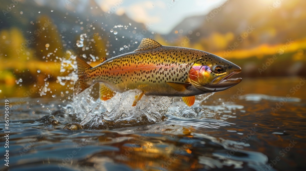 Vibrant Landscape with Jumping Rainbow Trout in Colorful Autumn Stream Vibrant Landscape with Jumping Rainbow Trout in Colorful Autumn Stream