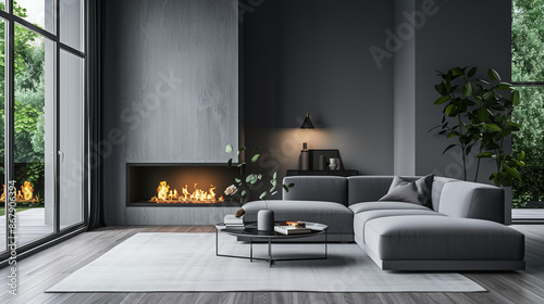 cozy modern fireplace and gray sofa 