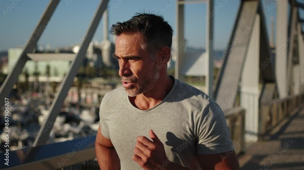 Slow motion of Caucasian mature fit man running on a modern urban bridge. Male effort workout of cardio sport routine for healthy body. Middle-aged people disciplined training outdoor