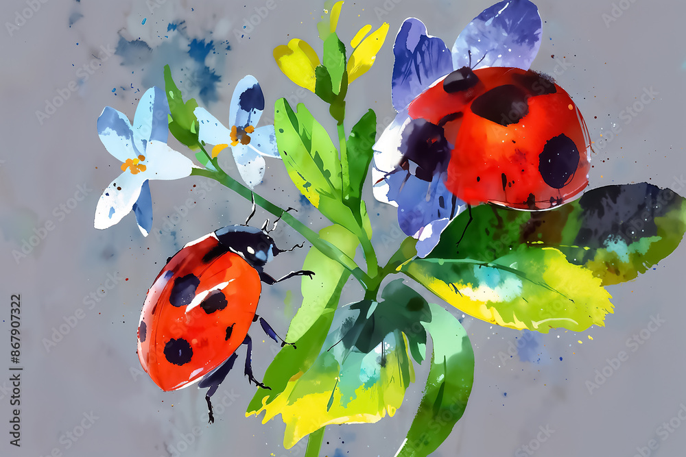 Close-up of ladybug on leaves. Watercolor stylized illustration on colorful background. Nature and insect concept. Design for greeting card, invitation, postcard, poster, banner. Macro shot Close-up of ladybug on leaves. Watercolor stylized illustration on colorful background. Nature and insect concept. Design for greeting card, invitation, postcard, poster, banner. Macro shot