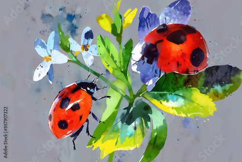 Close-up of ladybug on leaves. Watercolor stylized  illustration on colorful background. Nature and insect concept. Design for greeting card, invitation, postcard, poster, banner. Macro shot