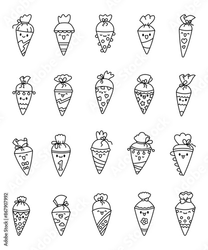Cute kawaii school cones for the first day of school. Coloring Page. Funny character. Hand drawn style. Vector drawing. Collection of design elements.