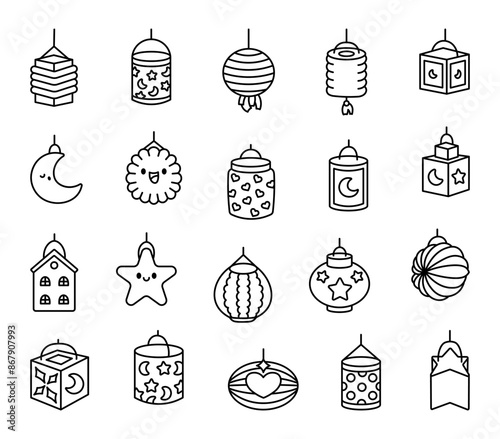 Lanterns for St. Martins Day. Coloring Page. Light festival in Germany. Hand style. Vector drawing. Collection of design elements.