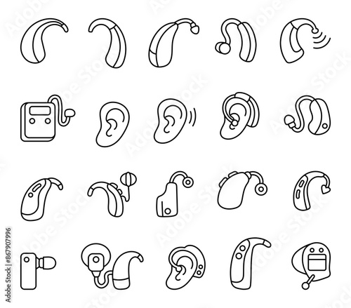 Hearing aid for the deaf. Coloring Page. Medical device. Hand style. Vector drawing. Collection of design elements.