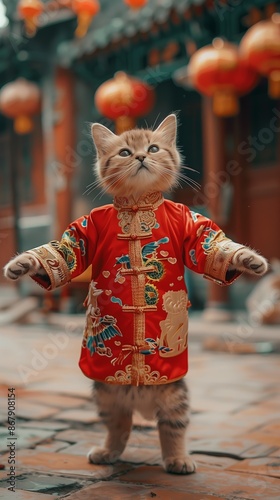 A tabby cat wearing a red, gold, and green Chinese robe stands on two legs in a courtyard with red lanterns hanging in the background. © ME_Photography
