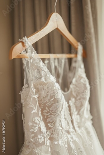 Closeup wedding dresses hanging on hanger Generative AI © Roman