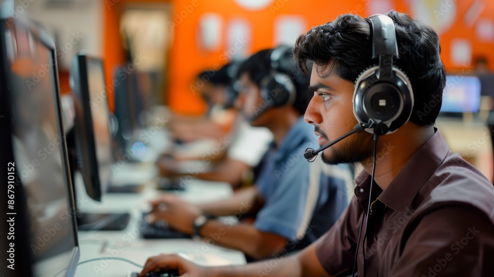 A row of men work at their desks in a call center in India. They are all wearing headsets and focused on their work.