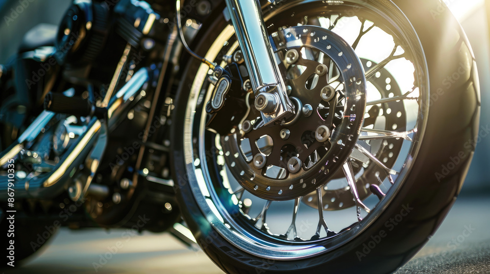 Fototapeta premium Close-up of a motorcycle wheel with shiny chrome parts and a detailed brake disc mechanism. The sunlight highlights the polished metal surface.