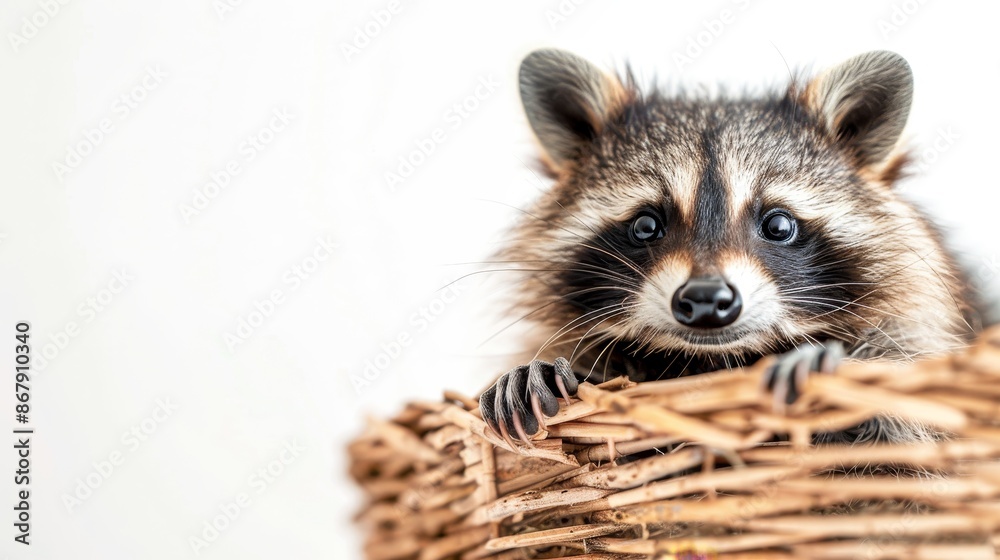 Obraz premium Curious raccoon in basket, on white background with ample space for text placement