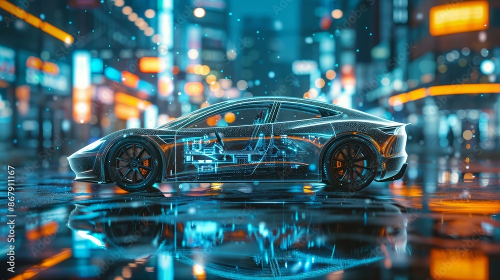 Futuristic Electric Car in Neon-Lit City Streets at Night Futuristic Electric Car in Neon-Lit City Streets at Night