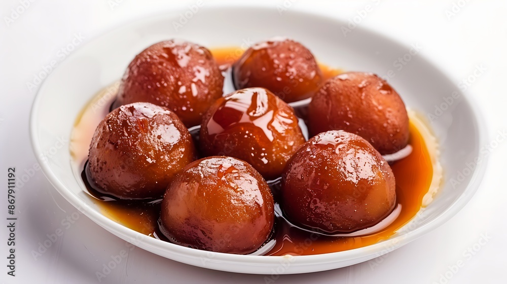 Sweet rich gulab jamun soaked in sugar syrup on a white background Sweet rich gulab jamun soaked in sugar syrup on a white background