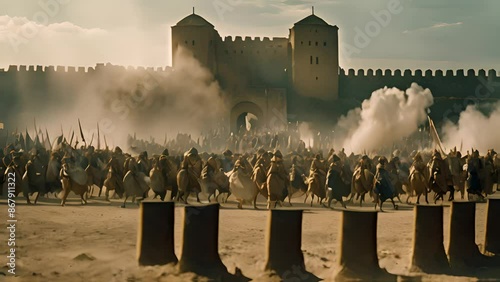 Relive an epic medieval battle at fortress gate. Historical warfare scene