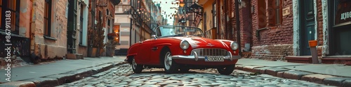 Urban Street Scene: Photograph a retro car parked on a cobblestone street in a historic city neighborhood, surrounded by old-fashioned street lamps and architecture © Spectrum