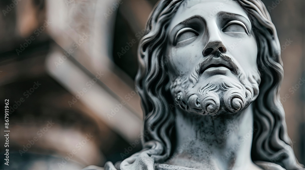 Close-up of a detailed statue of Jesus Christ with a serene expression, located in a church. The image emphasizes the intricate facial features and evokes a sense of peace and spirituality. Close-up of a detailed statue of Jesus Christ with a serene expression, located in a church. The image emphasizes the intricate facial features and evokes a sense of peace and spirituality.