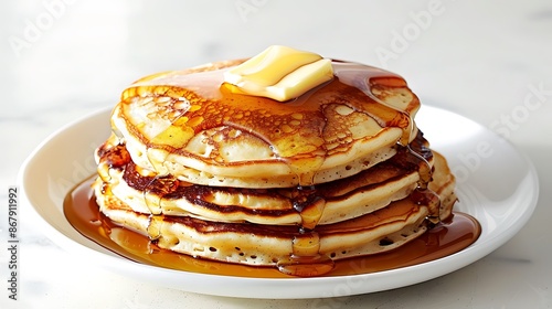 Warm fluffy pancakes stacked with butter and syrup on a white background