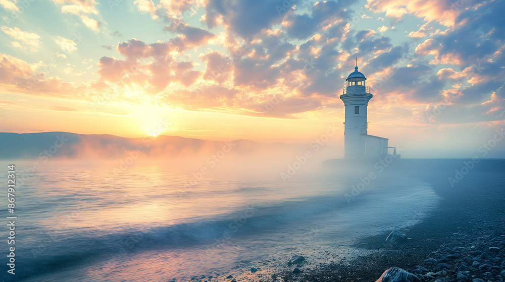 Lighthouse on the shore, surrounded by sea mist, romantic style Lighthouse on the shore, surrounded by sea mist, romantic style
