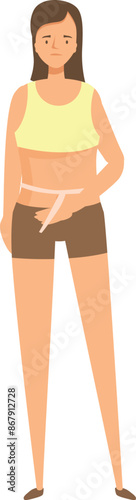 Sad young woman measuring her waist with a measuring tape, unhappy with her body