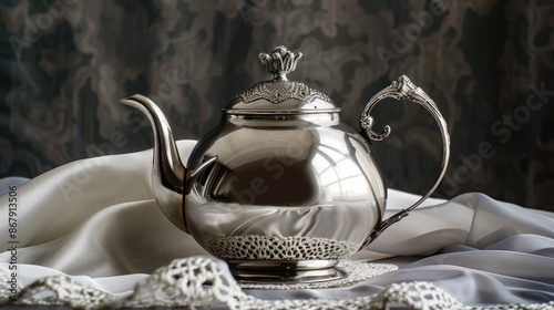 An ornate silver teapot with an intricate handle and lid rests on a lace doily, draped in soft white fabric, reflecting light from an arched window. photo