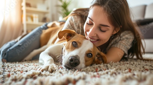 Happy woman embracing her dog while relaxing on carpet at home.