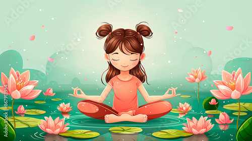 Person meditating in lotus pose surrounded by large lotus flowers on a serene water surface. Concept: mindfulness, relaxation. Business use: wellness, meditation, mindfulness coaching, spa, yoga retre photo