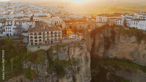 Aerial view of the Ronda medieval town at sunrise, Andalusia, Spain