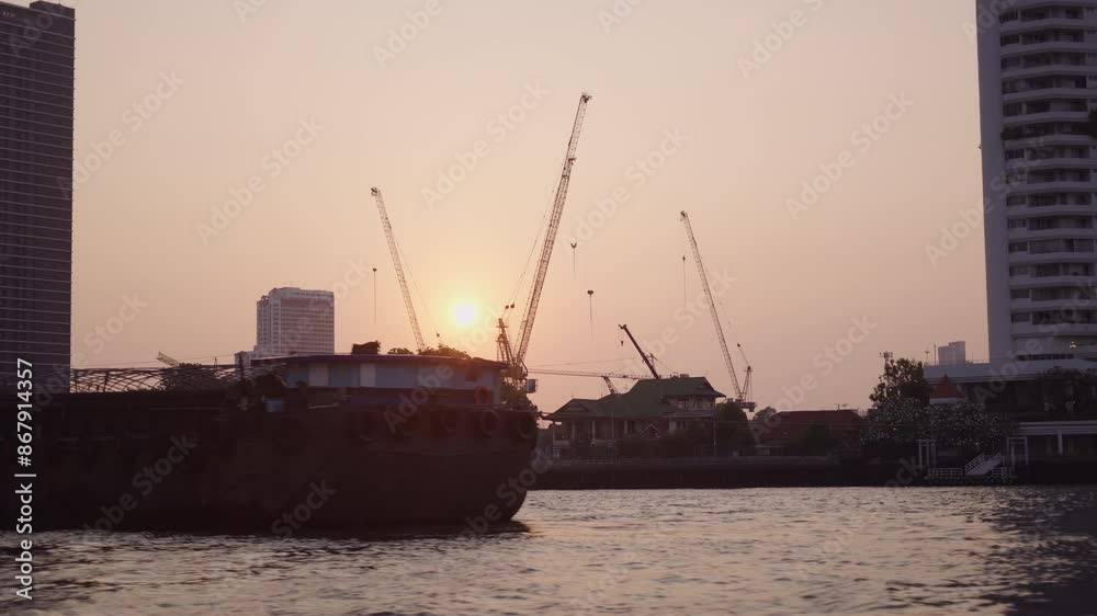 sand barge in bangkok sunset in thailand between city skyline and chao phraya river port sand barge in bangkok sunset in thailand between city skyline and chao phraya river port