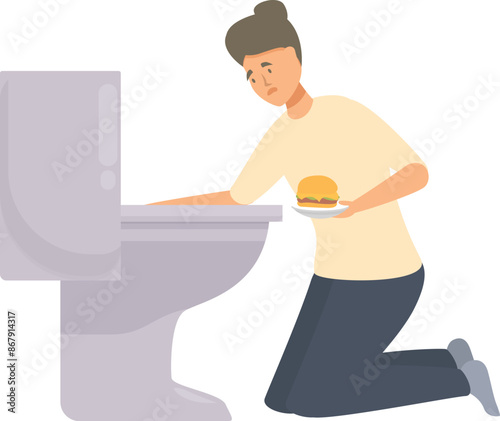 Young woman is kneeling in front of a toilet bowl, looking ill as she holds a plate with a burger on it