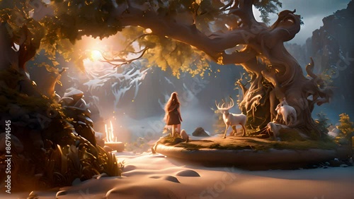 Girl discovering captivating scene of magical winter forest and enchanting light