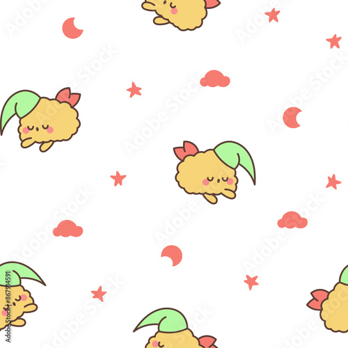 Cute happy kawaii tempura shrimp. Seamless pattern. Funny cartoon food character. Hand drawn style. Vector drawing. Design ornaments.