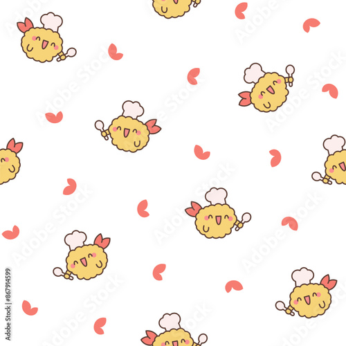 Cute happy kawaii tempura shrimp. Seamless pattern. Funny cartoon food character. Hand drawn style. Vector drawing. Design ornaments.