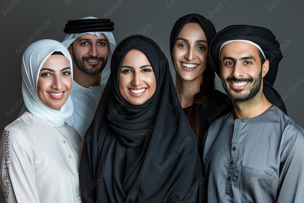 Smiling Arab Middle Eastern Group Portrait in Dubai Studio Smiling Arab Middle Eastern Group Portrait in Dubai Studio