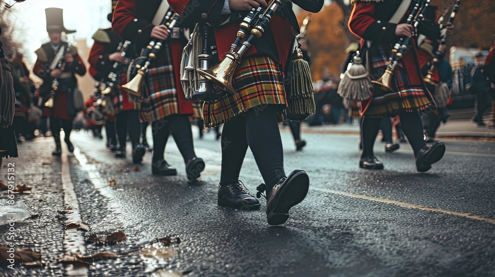 Scottish Bagpipe Players March Down a Street in a Parade Scottish Bagpipe Players March Down a Street in a Parade