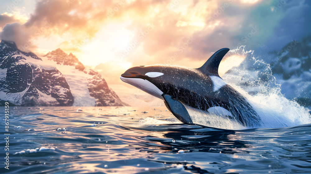 Obraz premium Magnificent killer whale also known as the orca leaping powerfully from the surface of the ocean against a stunning sunset sky with dramatic clouds