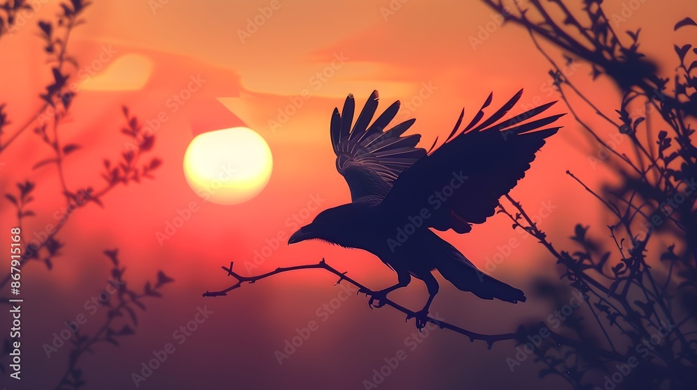 Fototapeta premium Majestic crow silhouetted against a vibrant colorful sunset sky The bird is in flight soaring up from a perch on a tree branch its wings outstretched in a graceful display of power and freedom