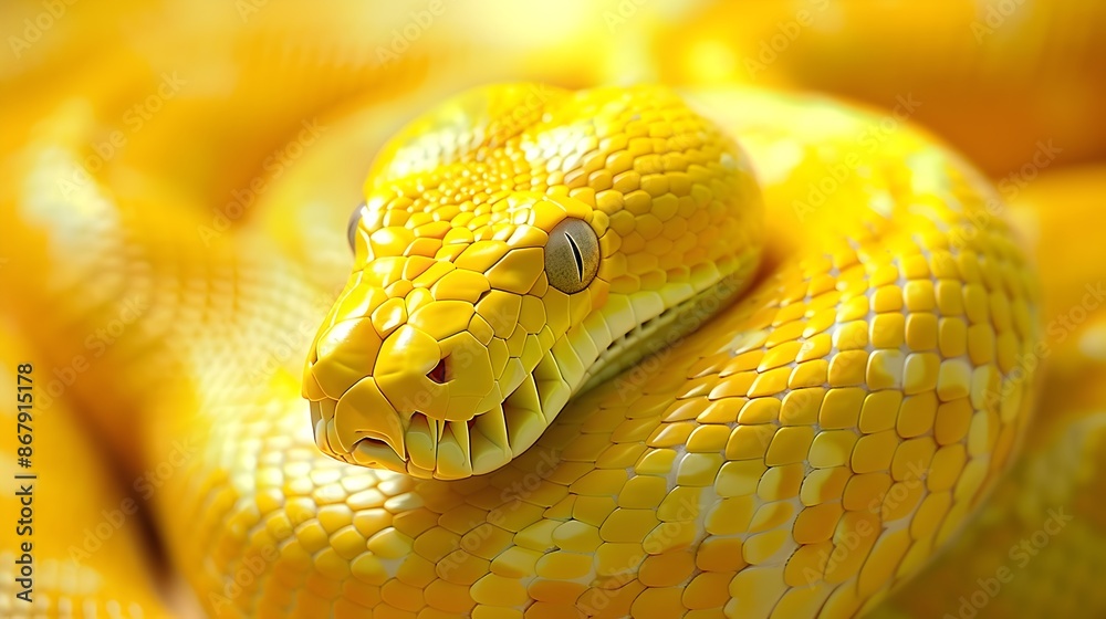 Mesmerizing golden python coiled and ready to strike its vibrant scales shimmering in the dappled light of the lush tropical rainforest Mesmerizing golden python coiled and ready to strike its vibrant scales shimmering in the dappled light of the lush tropical rainforest
