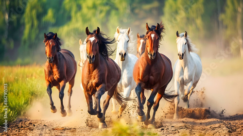 Dynamic Image of a Herd of Powerful Horses Galloping and Kicking Up Dust on a Dirt Trail Through a Scenic Countryside Landscape