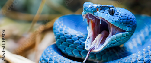 Fierce and Intimidating Blue Viper Snake with Open Mouth Exposing Venomous Fangs Representing the Primal Danger and Aggression of a Deadly Predator in the Wild photo