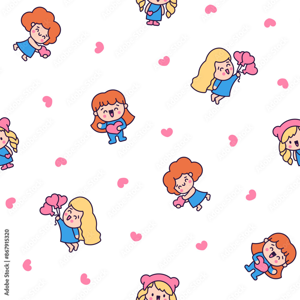 Cute kawaii little girl. Seamless pattern. Happy kid cartoon character. Hand drawn style. Vector drawing. Design ornaments. Cute kawaii little girl. Seamless pattern. Happy kid cartoon character. Hand drawn style. Vector drawing. Design ornaments.