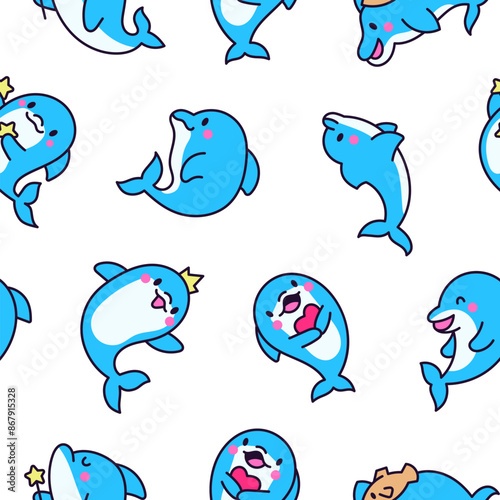 Cute kawaii dolphin in different poses. Seamless pattern. Funny cartoon marine character. Hand drawn style. Vector drawing. Design ornaments.