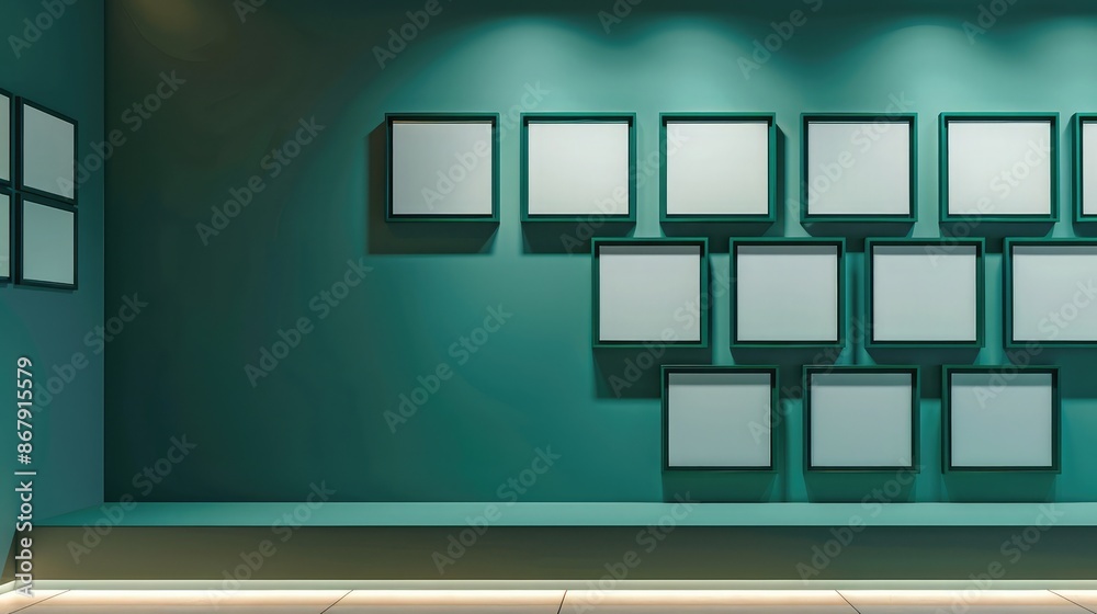 A simplistic yet elegant display of blank art frames in forest green, mounted on a soothing seafoam wall in a gallery lit by soft, ambient lighting A simplistic yet elegant display of blank art frames in forest green, mounted on a soothing seafoam wall in a gallery lit by soft, ambient lighting