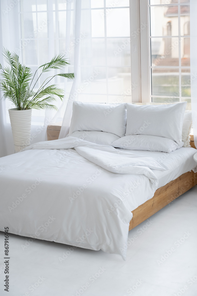 Fototapeta premium A room with a bed. Bedroom.